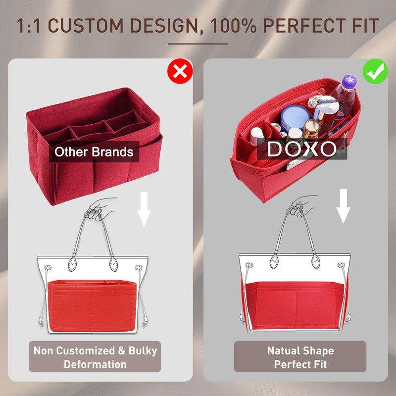 Doxo Purse Organizer Insert for Handbags & Base Shaper 2pc Set,Felt Organizer Insert Large Tote,Bag Organizer with Zipper 7 Sizes,Fit Speedy Neverfull MM/City33 and More(Red-L-Combination) - Image 5