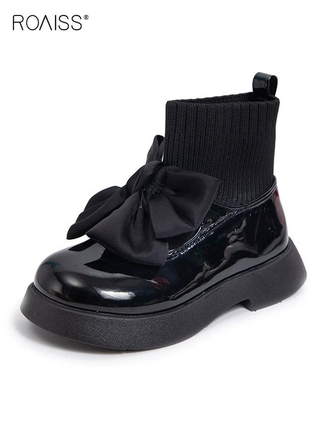 رويس أحذية أنيقة للفتيات مع عقدة كبيرة، أحذية قصيرة سهلة الارتداء مع نعل خارجي مقاوم للتآكل، أحذية كلاسيكية للكاحل للفتيات، مناسبة للمدرسة والارتداء اليومي غير الرسمي - Image 1