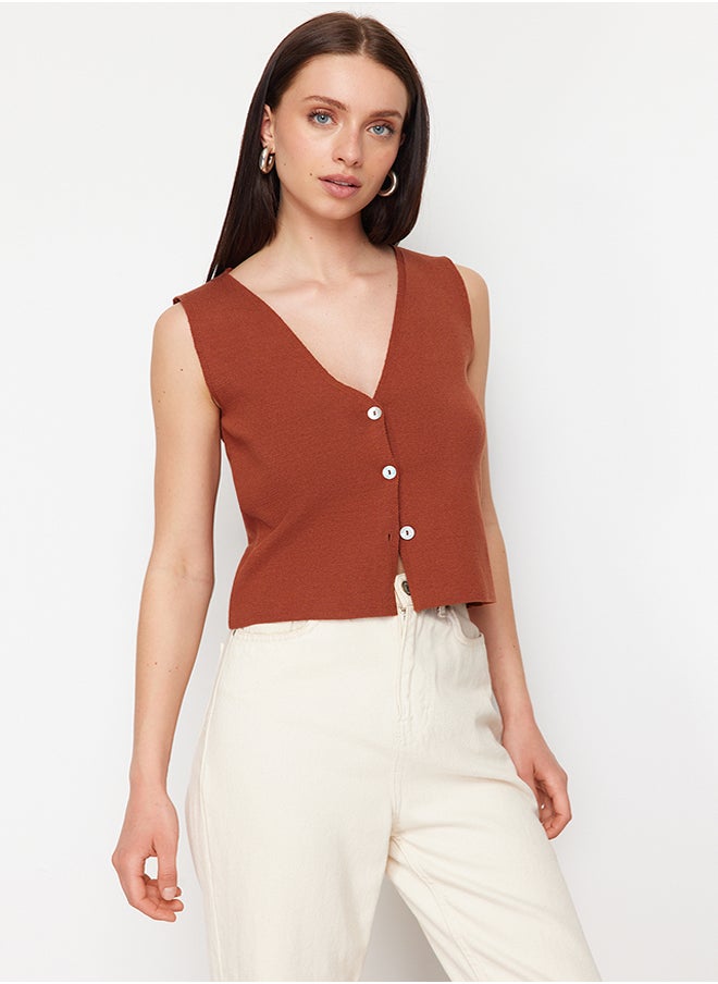 trendyol Brown Basic Vest Look Premium Yarn/Special Yarn Knitwear Thin Blouse TWOSS24BZ00272  - Image 1