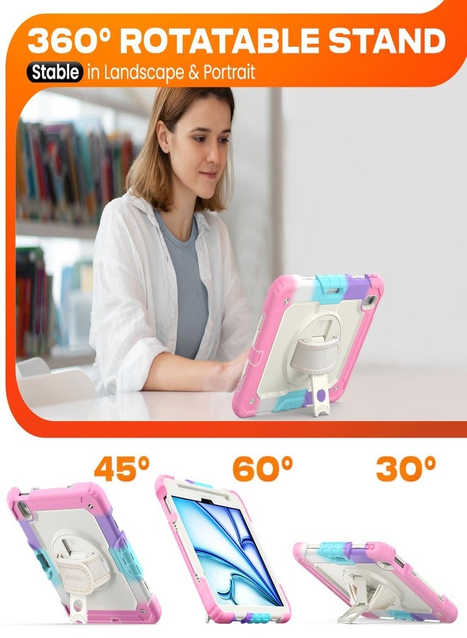 SEYMAC stock متوفر لدى SEYMAC غطاء حماية لجهاز iPad Air مقاس 11 بوصة، طراز M3 2025/ M2 2024 (الجيل السابع/السادس)، غطاء متين مزود بواقي شاشة، وحامل قلم، وحامل دوار، وحزام يد، وحزام كتف، لون وردي - Image 4