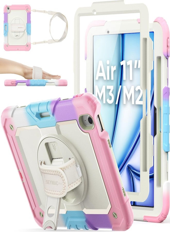 SEYMAC stock متوفر لدى SEYMAC غطاء حماية لجهاز iPad Air مقاس 11 بوصة، طراز M3 2025/ M2 2024 (الجيل السابع/السادس)، غطاء متين مزود بواقي شاشة، وحامل قلم، وحامل دوار، وحزام يد، وحزام كتف، لون وردي - Image 1