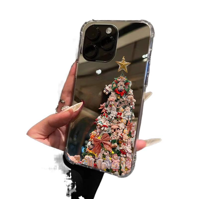 MS غطاء واقي بسيليكون لـ iPhone 16 / 16 Plus / 16 Pro / 16 Pro Max مع لمسة مرآة ونقش شجرة عيد الميلاد ستيلا لو مع مقاوم للصدمات مع حماية من السقوط باللون Angel Yellow Starlight Chris. - Image 2