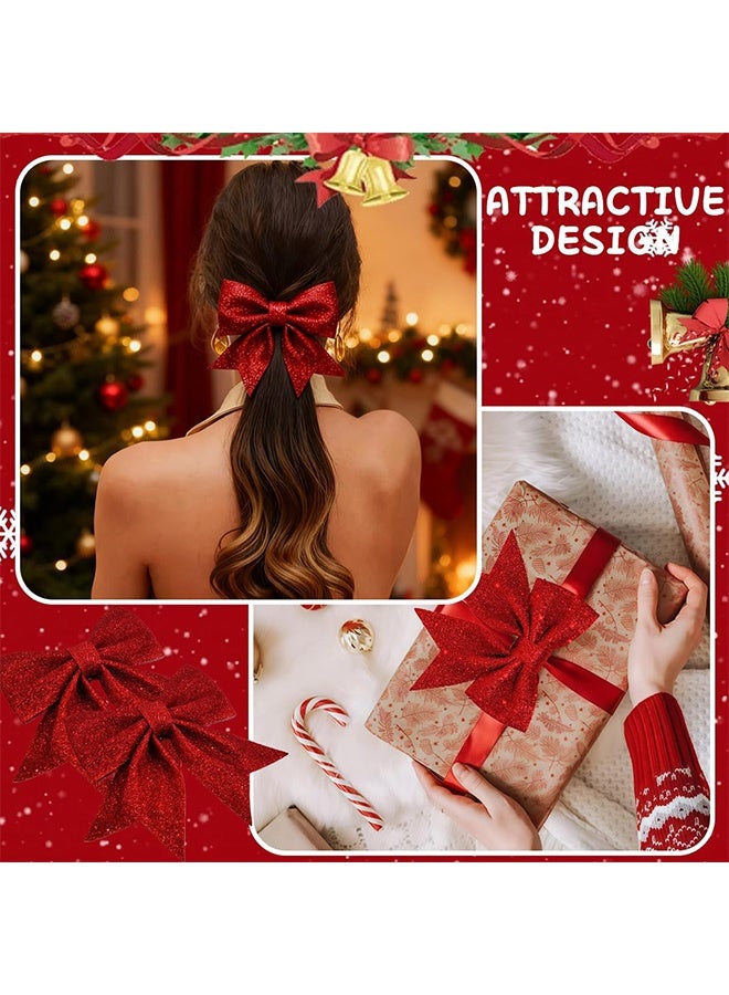 اتش اس 10 قطع فيونكات عيد الميلاد الحمراء البراقة، فيونكات لامعة لشريط هدايا عيد الميلاد، أربطة فيونكة مزينة بالترتر، مناسبة لحفلات عيد الميلاد، الزفاف، تزيين المنزل، ديكورات فيونكات (أحمر) - Image 4