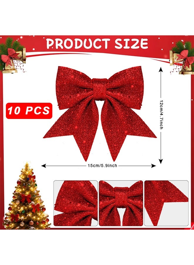 اتش اس 10 قطع فيونكات عيد الميلاد الحمراء البراقة، فيونكات لامعة لشريط هدايا عيد الميلاد، أربطة فيونكة مزينة بالترتر، مناسبة لحفلات عيد الميلاد، الزفاف، تزيين المنزل، ديكورات فيونكات (أحمر) - Image 2