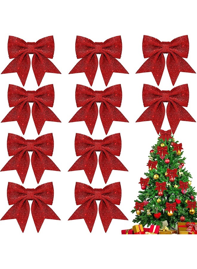 اتش اس 10 قطع فيونكات عيد الميلاد الحمراء البراقة، فيونكات لامعة لشريط هدايا عيد الميلاد، أربطة فيونكة مزينة بالترتر، مناسبة لحفلات عيد الميلاد، الزفاف، تزيين المنزل، ديكورات فيونكات (أحمر) - Image 1
