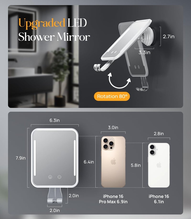 Gospire Heated Shower Mirror Fogless for Shaving with Light, Rechargeable Battery and Adjustable Brightness, Suction Cup and Razor Holder, Removable & NO-Drilling, Waterproof for Bathroom(White) - Image 2