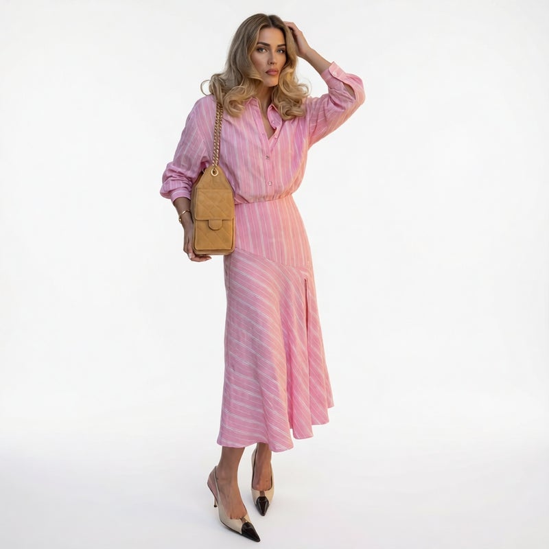 Women's Striped Lapel Split Long Dress Set