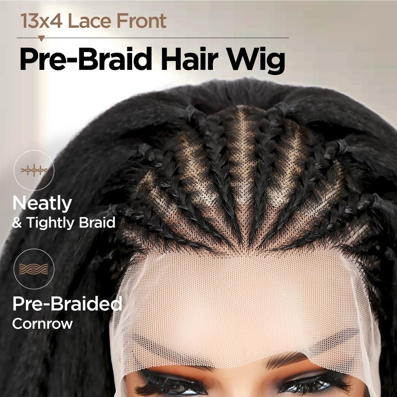 quickwig Kinky Straight Wig Braided Wigs for Black Women Yaki Straight Wig 13x4 Lace Front Braided Wigs 22 Inch Black Glueless Pre Braid Wig Synthetic Handmade Cornrow Braids Wig - Image 3