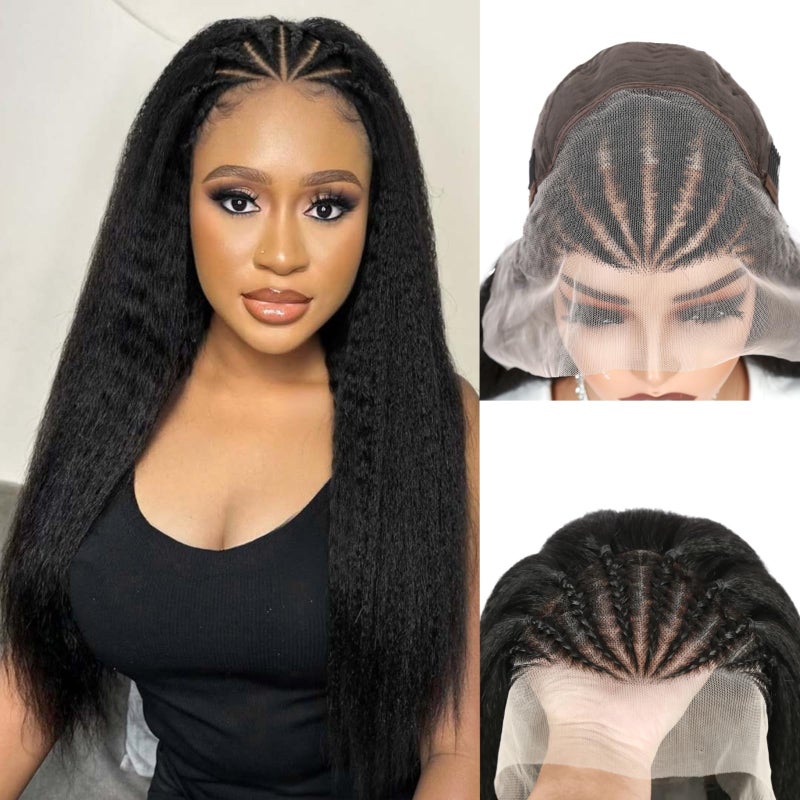 quickwig Kinky Straight Wig Braided Wigs for Black Women Yaki Straight Wig 13x4 Lace Front Braided Wigs 22 Inch Black Glueless Pre Braid Wig Synthetic Handmade Cornrow Braids Wig - Image 1