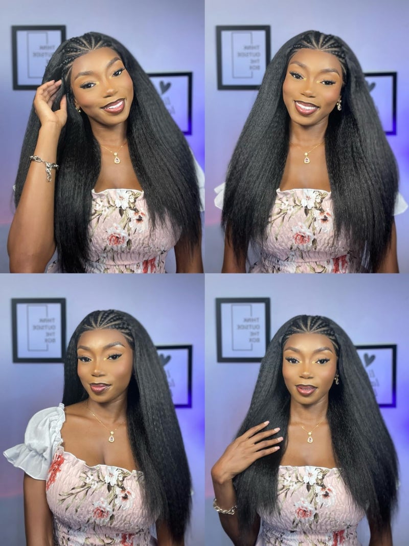 quickwig Kinky Straight Wig Braided Wigs for Black Women Yaki Straight Wig 13x4 Lace Front Braided Wigs 22 Inch Black Glueless Pre Braid Wig Synthetic Handmade Cornrow Braids Wig - Image 4