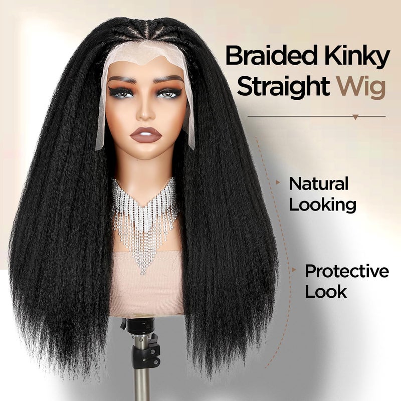 quickwig Kinky Straight Wig Braided Wigs for Black Women Yaki Straight Wig 13x4 Lace Front Braided Wigs 22 Inch Black Glueless Pre Braid Wig Synthetic Handmade Cornrow Braids Wig - Image 2