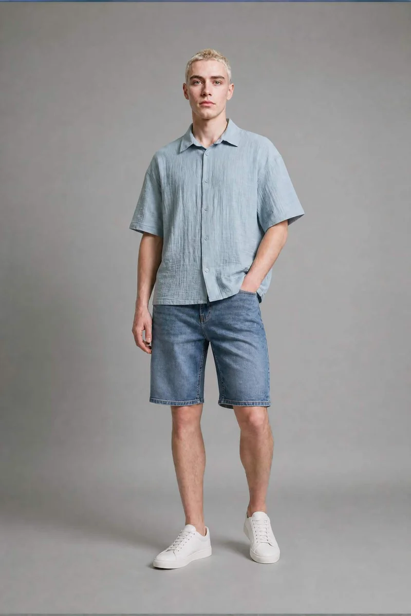 Defacto  Boxy Fit Shirt Collar Embroidered Muslin Short Sleeve Shirt for Men | Best Price UAE