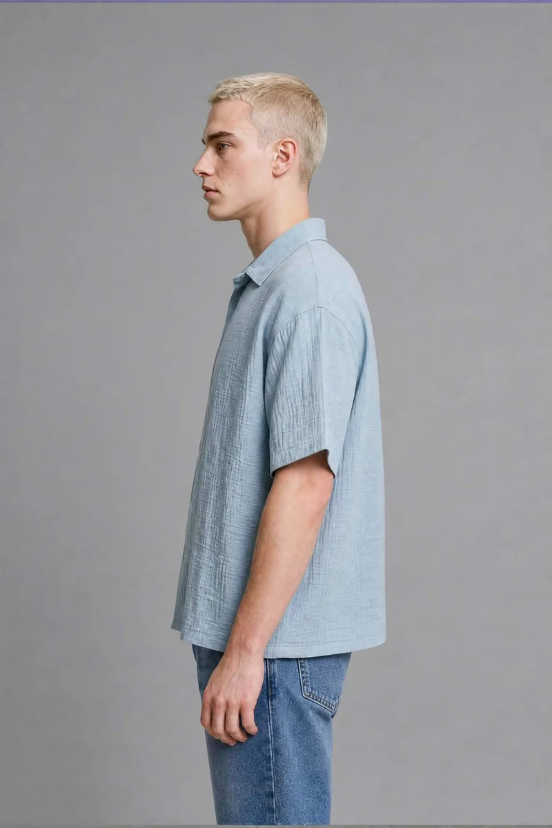 Defacto  Boxy Fit Shirt Collar Embroidered Muslin Short Sleeve Shirt for Men | Best Price UAE