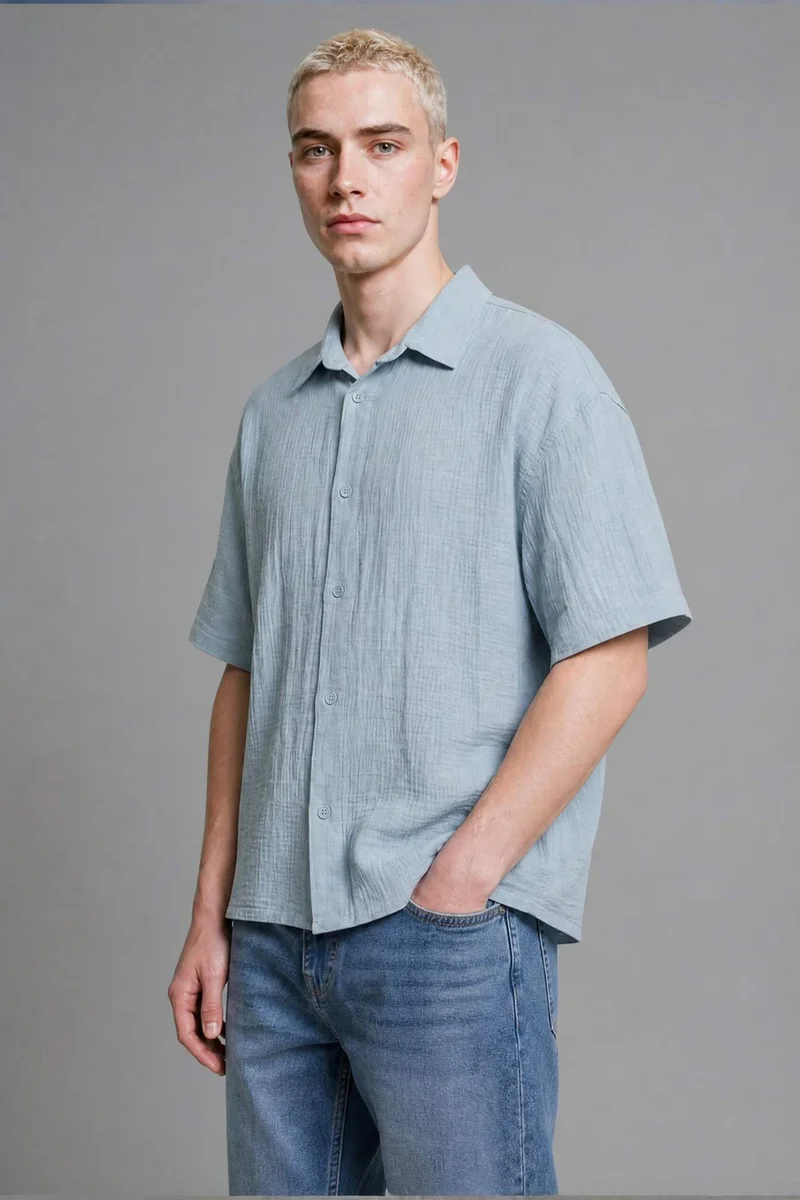 Boxy Fit Shirt Collar Embroidered Muslin Short Sleeve Shirt