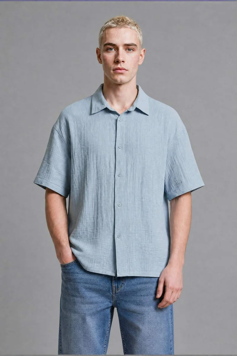 Defacto  Boxy Fit Shirt Collar Embroidered Muslin Short Sleeve Shirt for Men | Best Price UAE