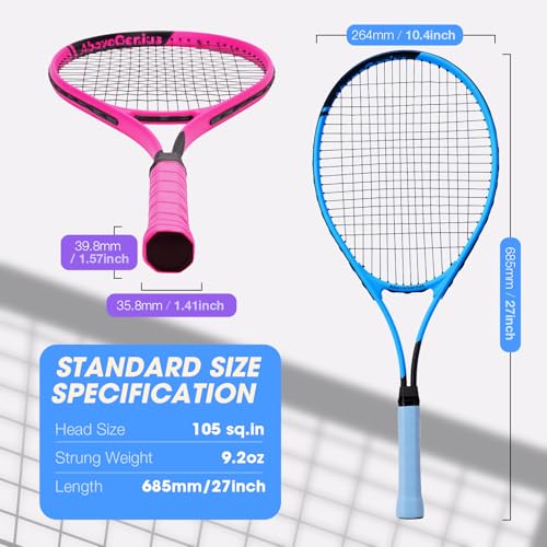 AboveGenius Neon Pink & Blue Tennis Rackets 2 Pack for Adults- 27" Lightweight Aluminum Tennis Racquet Set with 3 Balls & Bag - Stylish Matte Pop-Color Starter Kit for Couples & Friends - Image 5