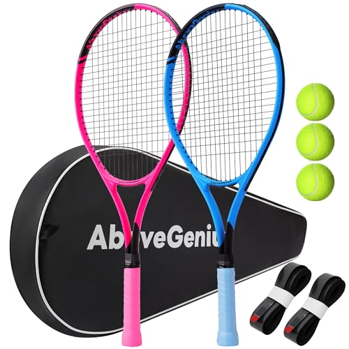 AboveGenius Neon Pink & Blue Tennis Rackets 2 Pack for Adults- 27" Lightweight Aluminum Tennis Racquet Set with 3 Balls & Bag - Stylish Matte Pop-Color Starter Kit for Couples & Friends - Image 1