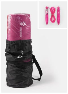 A set of exercise mat, 15 mm thick, pink, with a jump rope with a pink digital counter