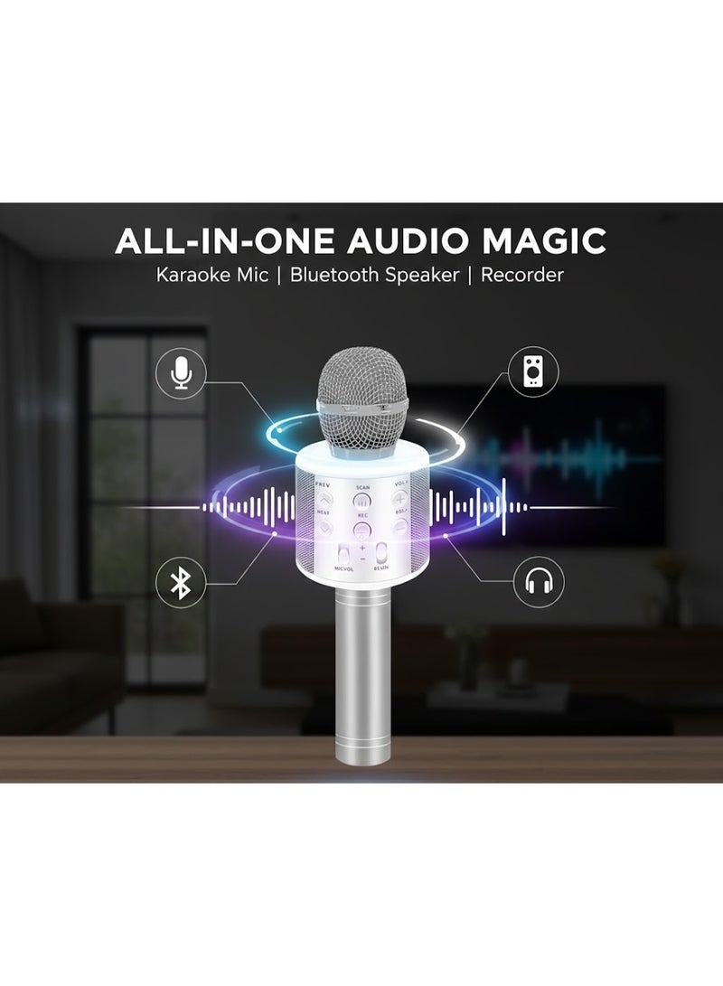 Wireless Microphone with Built-in Speaker - Supports USB, TF Card, and Bluetooth - Modern Design with Advanced Features like Recording, Sound Control, and Music Playback-silver - Image 4