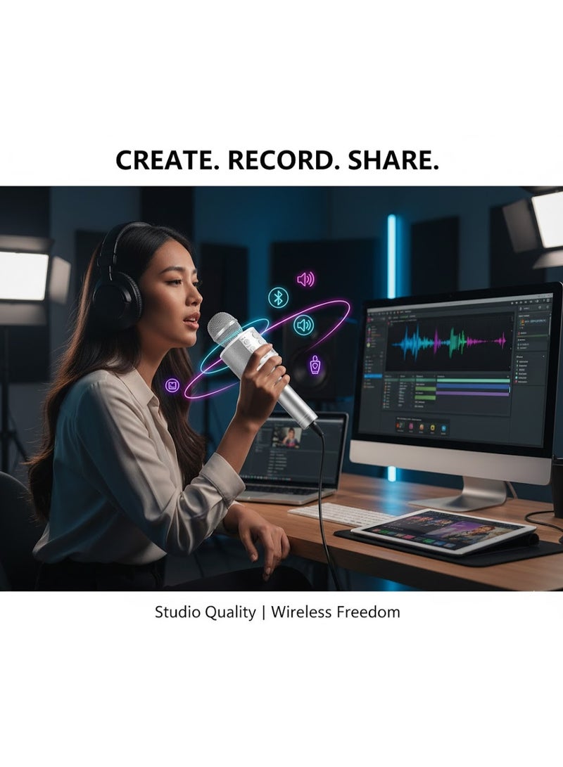 Wireless Microphone with Built-in Speaker - Supports USB, TF Card, and Bluetooth - Modern Design with Advanced Features like Recording, Sound Control, and Music Playback-silver - Image 3