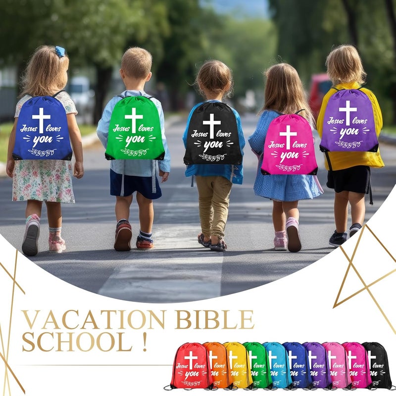 yasuwekik 30 Pieces Jesus Loves You Drawstring Backpack Bulk Vacation Bible School Backpack Christian Religious Gifts Bag for Operation Christmas Shoebox Gift Bible Verse Party Favors - Image 4
