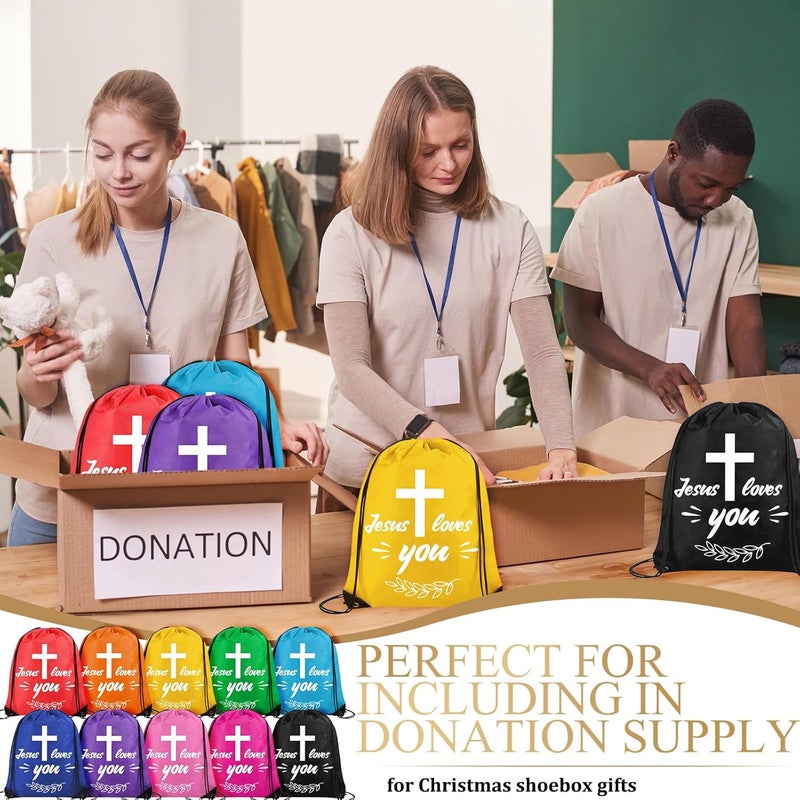 yasuwekik 30 Pieces Jesus Loves You Drawstring Backpack Bulk Vacation Bible School Backpack Christian Religious Gifts Bag for Operation Christmas Shoebox Gift Bible Verse Party Favors - Image 3