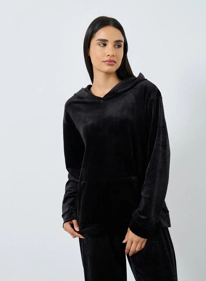 Styli Velvet Look Hooded Top and Pyjama Set