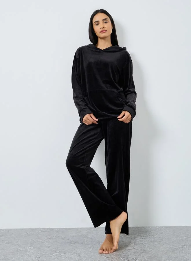 Styli Velvet Look Hooded Top and Pyjama Set