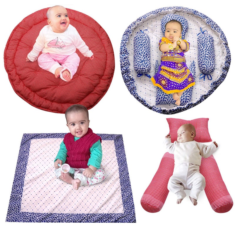 creative textiles New Born Baby Bed & Sleeping Combo 4 Gift Set (Red and Blue Plain Printed ) - Image 1