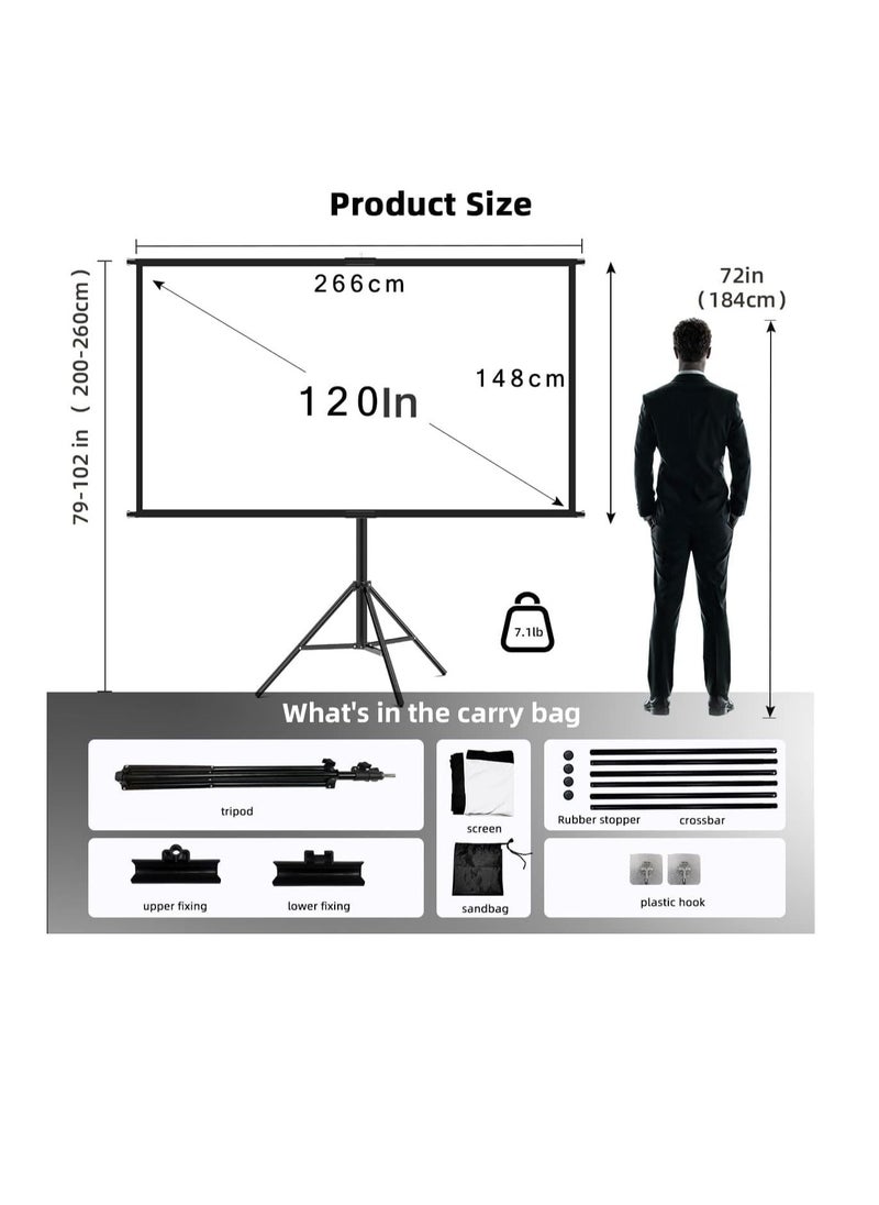 Generic Projector Screen with Stand, 120 Inch Movie Screen, 16:9 4K HD Projection Screen for Indoor Outdoor, Projector Screen and Stand with Bag for Home Theater Backyard Cinema (120")  - Image 2