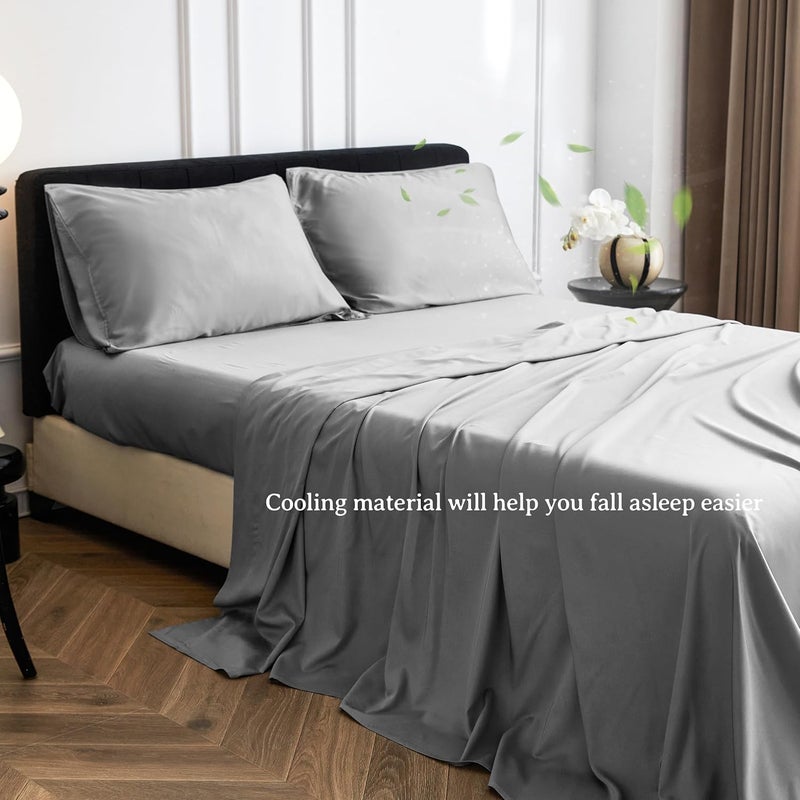 Simple&Opulence 100% Viscose from Bamboo Sheet Set 4Pcs, Cooling for Hot Sleepers, Soft Breathable Bed Sheets Set, 15" (38cm) Deep Pockets, Luxury Hotel Silky Bedding Sheets (Grey,Queen) - Image 4