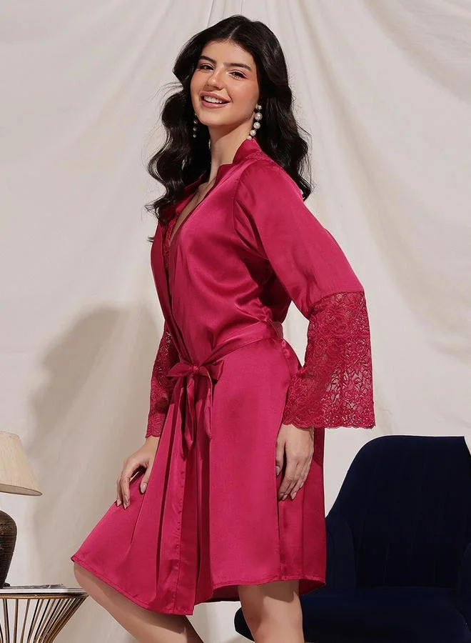 Clovia Magenta Satin Robe with Lace Sleeves