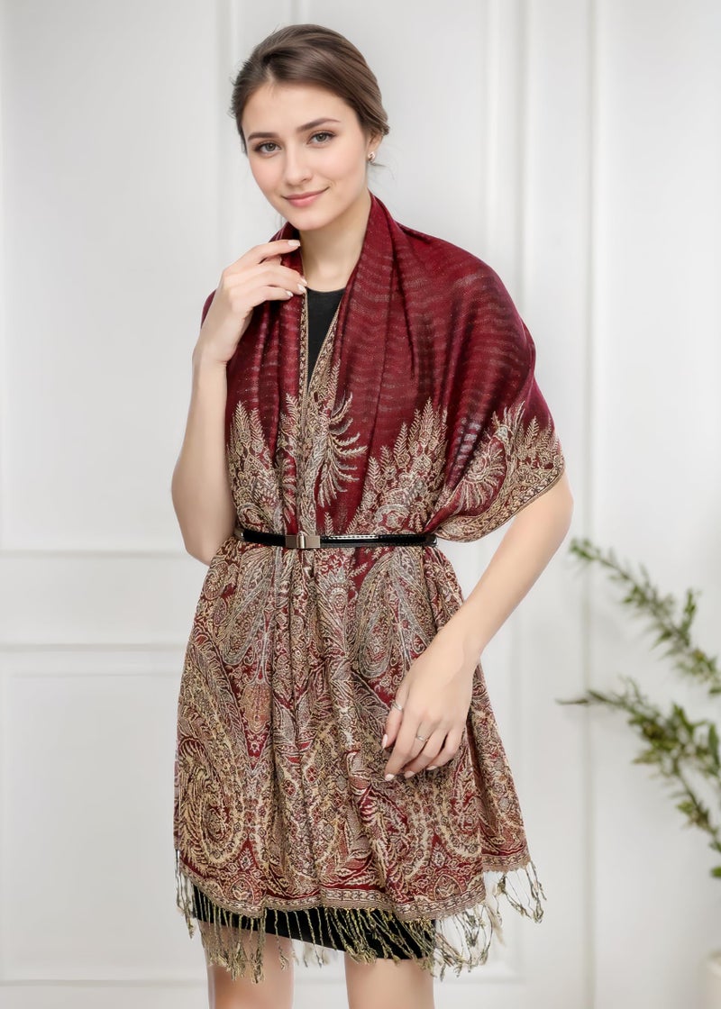 Achillea شال باهظ الثمن من جاكار مزدوج الطبقات بتصميم بايسلي كبير (برغندي) - Image 2