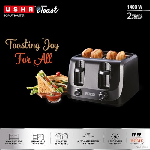 Usha iToast 4 Slice Pop Up Toaster | 1400W | 6 Browning Settings | Cool Touch, Shock Proof Plastic Body| Removable Crumb Tray | Automatic Bread Centering for Uniform Browning |2 Years Warranty(Black) - Image 2