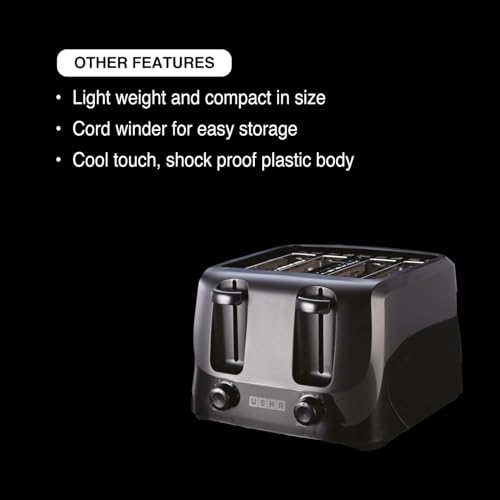Usha iToast 4 Slice Pop Up Toaster | 1400W | 6 Browning Settings | Cool Touch, Shock Proof Plastic Body| Removable Crumb Tray | Automatic Bread Centering for Uniform Browning |2 Years Warranty(Black) - Image 3
