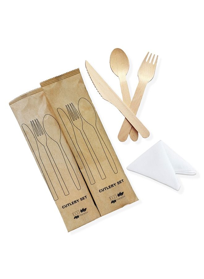 SNH Packing Disposable Wooden Cutlery Set Natural Eco-Friendly Bamboo Utensils Forks Spoons and Knives With Napkin 20 Pieces.  - Image 1