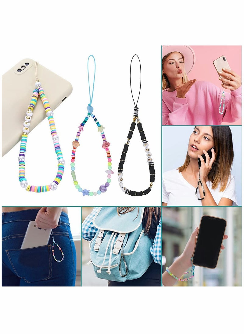 Zikra حبل معصم مزين بالخواتم الملونة مع قواقع، نجوم البحر، لؤلؤ، وحروف من طين البوليمر - 3 قطع سوار مفاتيح من خرز الأكريليك قوس قزح للهواتف والإكسسوارات. - Image 3