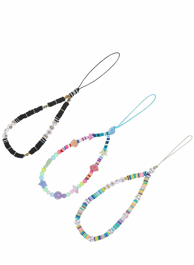 Zikra حبل معصم مزين بالخواتم الملونة مع قواقع، نجوم البحر، لؤلؤ، وحروف من طين البوليمر - 3 قطع سوار مفاتيح من خرز الأكريليك قوس قزح للهواتف والإكسسوارات. - Image 1