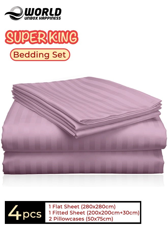Eworld 4-Piece Luxury Super King Pink Striped Bedding Set (Flat Sheet 280×280 cm, Fitted Sheet 200×200+30 cm, 2 Pillowcases 50×75 cm) – Premium Microfiber, Hotel-Style Comfort - Image 1