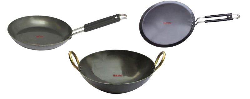 Olrada Iron 3-Piece Cookware Set (10inch Fry Pan, 12inch Dosa Tawa, 11inch Kadai) - Image 1