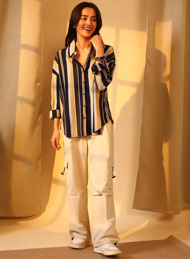 PINACOLADA Women's Midnight Black & Yellow Ochre Striped Boxy Shirt For Casual Wear | Spread Collar | Long Sleeve | Button Closure | Shirt Designed With Comfortable Fit For Woman & Girls