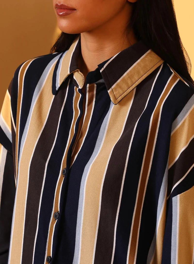 PINACOLADA Women's Midnight Black & Yellow Ochre Striped Boxy Shirt For Casual Wear | Spread Collar | Long Sleeve | Button Closure | Shirt Designed With Comfortable Fit For Woman & Girls