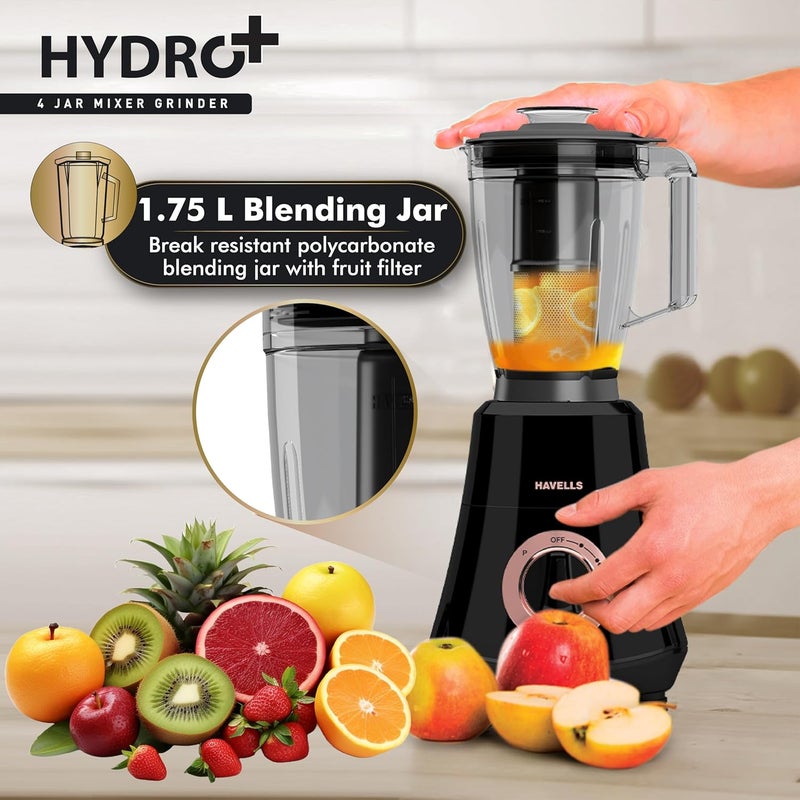 Havells خلاط هافيلز هايدرو بلس 1000 واط 4 جرة خلاط عالي السرعة 22000 دورة في الدقيقة موتور|شفرة مقاومة للصدأ 304SS|جرة خلط مقاومة للكسر سعة 1.75 لتر|ضمان المصنع للموتور لمدة 5 سنوات (أسود) - Image 5