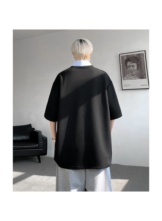 Izexx Faux Two-piece Lapel T-shirt, Summer Trendy Men's Top, Short-sleeved Versatile Loose Fashion Casual It11 Black M - Image 4