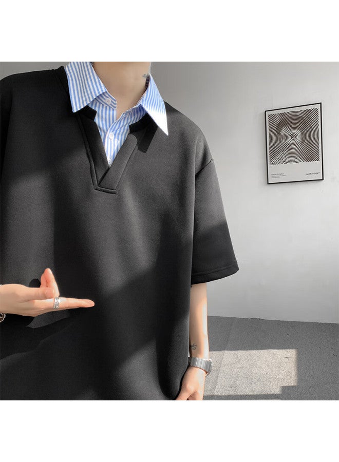 Izexx Faux Two-piece Lapel T-shirt, Summer Trendy Men's Top, Short-sleeved Versatile Loose Fashion Casual It11 Black M - Image 5