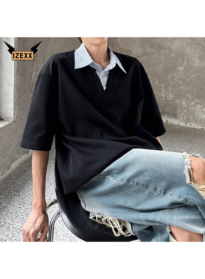 Izexx Faux Two-piece Lapel T-shirt, Summer Trendy Men's Top, Short-sleeved Versatile Loose Fashion Casual It11 Black M - Image 1