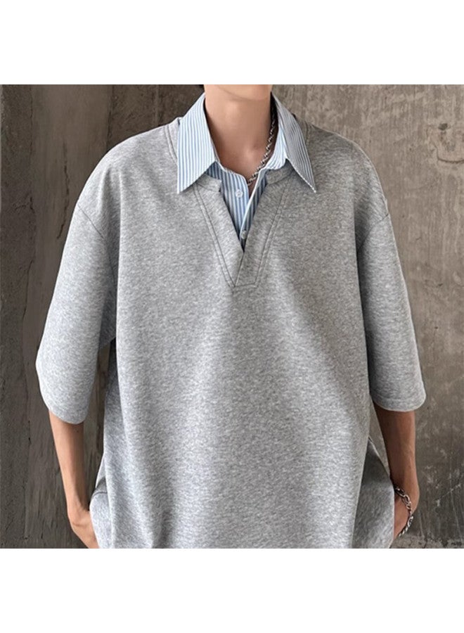 Izexx Faux Two-piece Lapel T-shirt, Summer Trendy Men's Top, Short-sleeved Versatile Loose Fashion Casual It11 Black M - Image 2