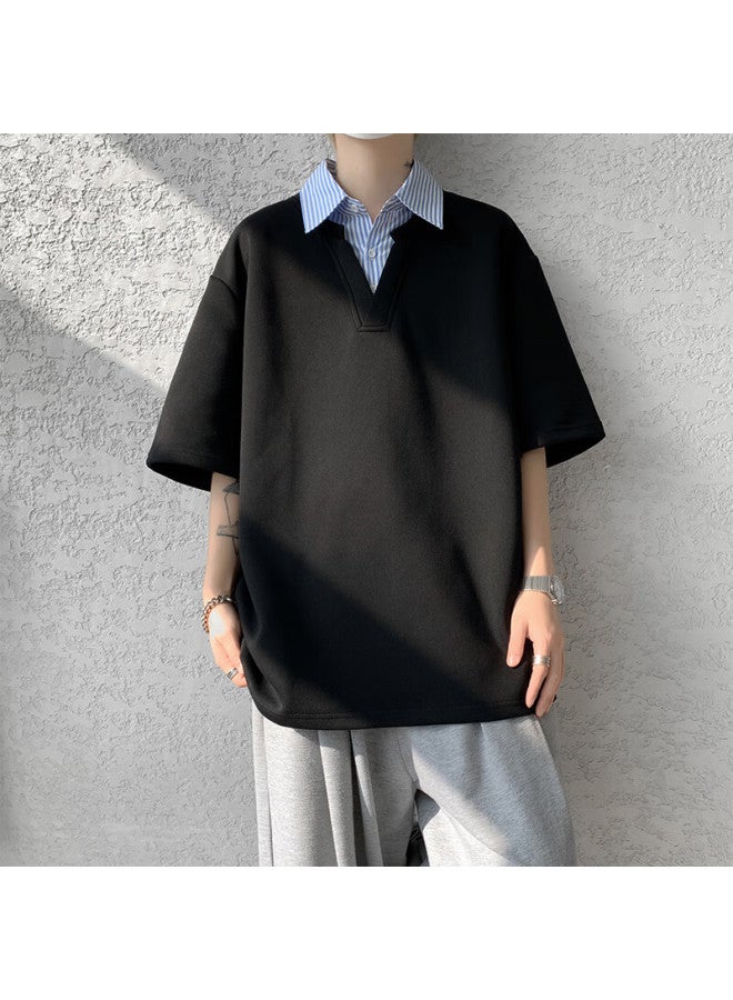 Izexx Faux Two-piece Lapel T-shirt, Summer Trendy Men's Top, Short-sleeved Versatile Loose Fashion Casual It11 Black M - Image 3