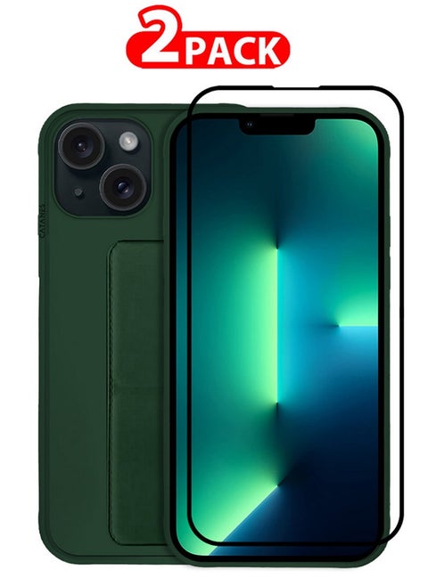 2 Packs For iPhone 15 Case and Screen Protector Premium PU Leather Case with Stand Function Shockproof and Anti Scratch Finger Grip Case Cover Green