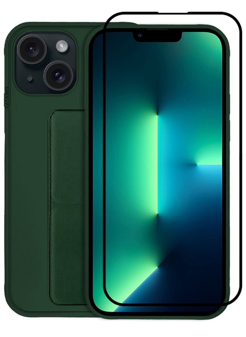 2 Packs For iPhone 15 Case and Screen Protector Premium PU Leather Case with Stand Function Shockproof and Anti Scratch Finger Grip Case Cover Green